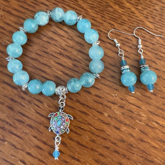 Earth Art hand crafted artisan Jewelry - Eternal Tide: Apatite and Seafoam Blue Turtle Charm Bracelet  Sterling  Earrings